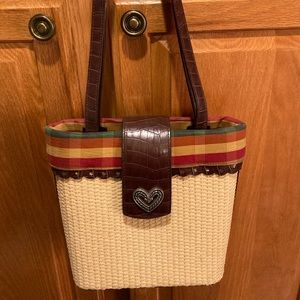 Straw Fabric Handbag with Faux Leather Straps and Trim